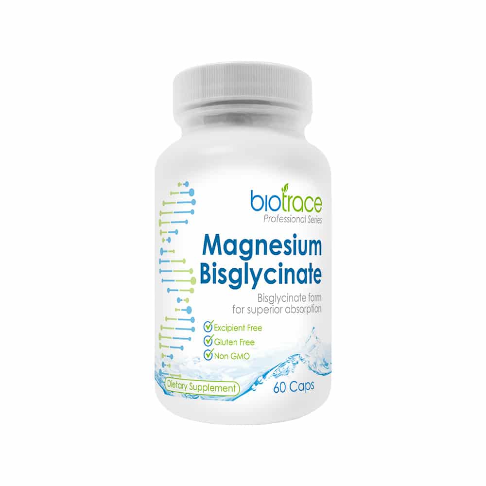 BioTrace Magnesium Bisglycinate - 60 Capsules dietary supplement bottle highlighting gluten-free and non-GMO features.