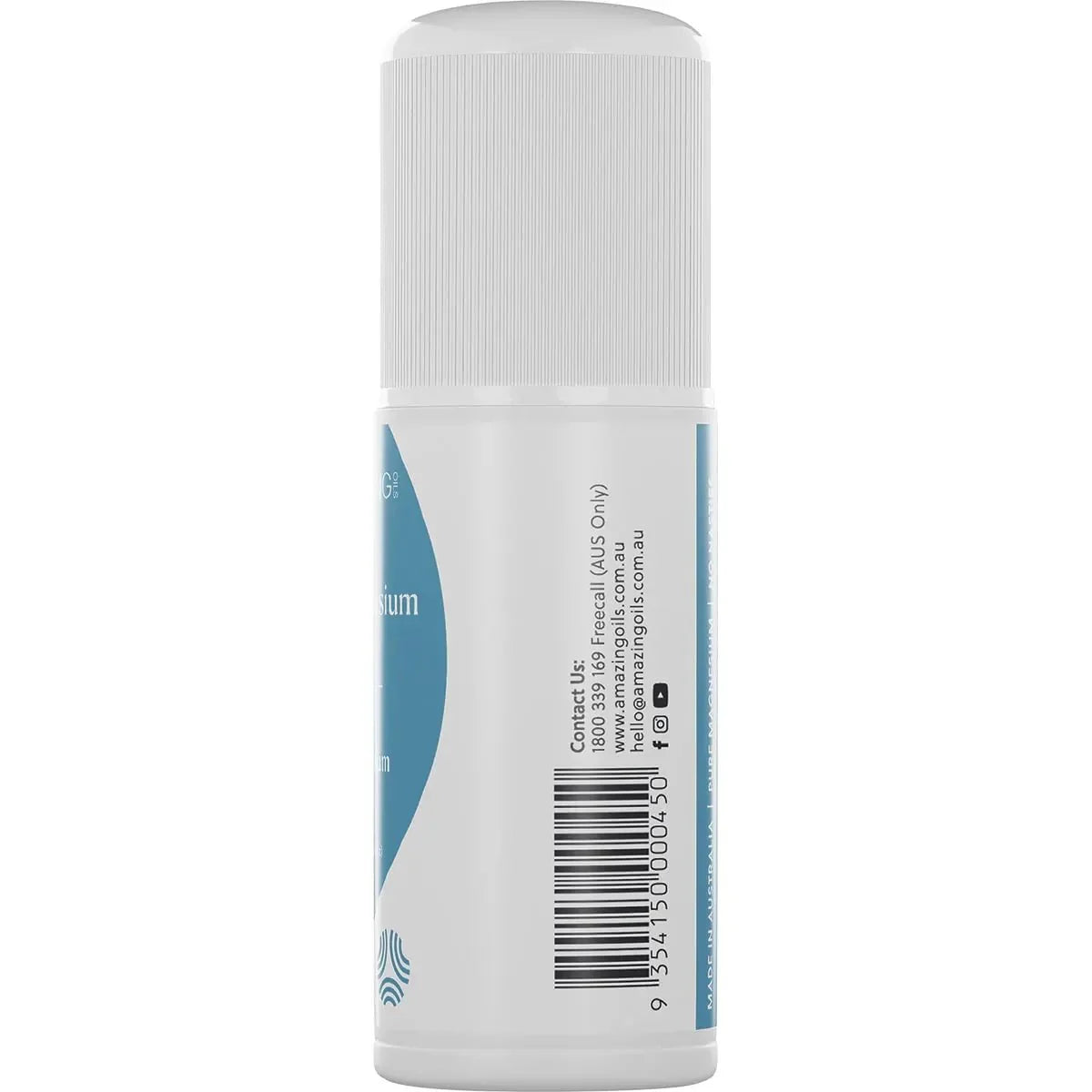 Back view of Magnesium Daily Gel - Pure Magnesium Gel - Roll-On 60ml by Amazing Oils showing contact and barcode details