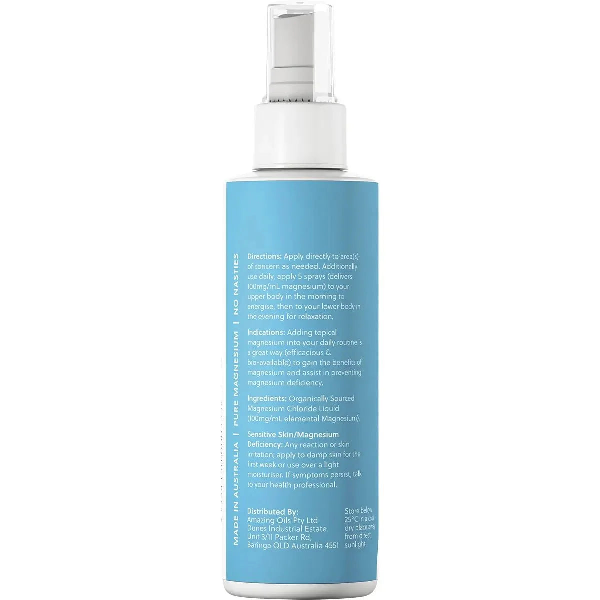 Magnesium Daily Spray - Pure Magnesium Oil - 200ml by Amazing Oils in blue bottle with usage and ingredient details visible