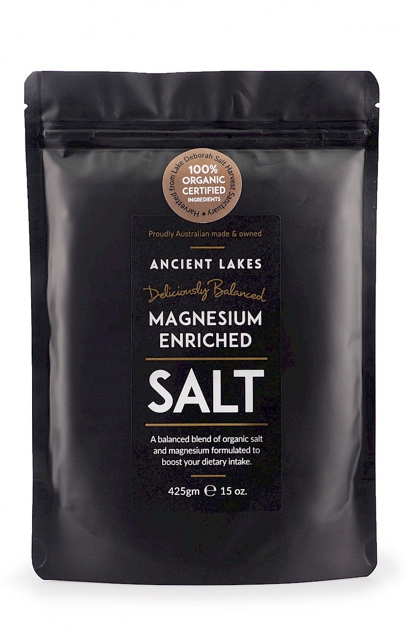 Magnesium Enriched Natural Lake Salt. - 425g black resealable pouch by Ancient Lakes for Drinks and Electrolytes collections