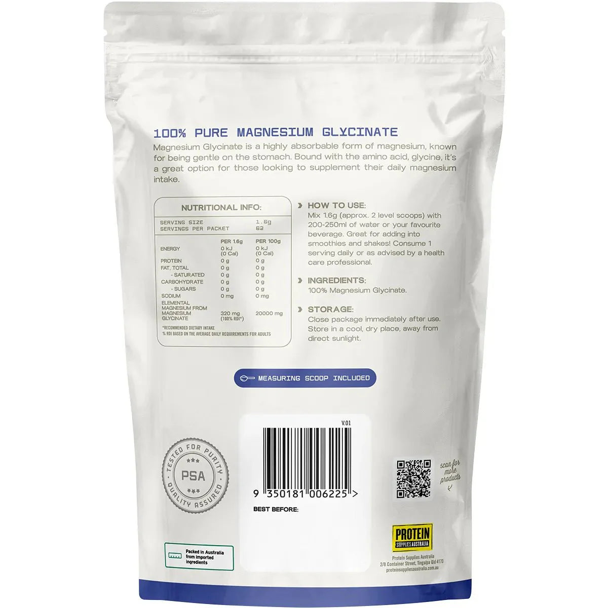 Magnesium Glycinate - 100% Pure - 100g pouch by Protein Supplies Australia, from Electrolytes and Functional collections