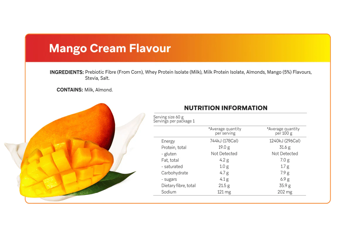 Nutrition label and ingredients for Mango Cream Smart Protein Bars x 12 by Smart Diet Solutions with mango image and nutrition facts.