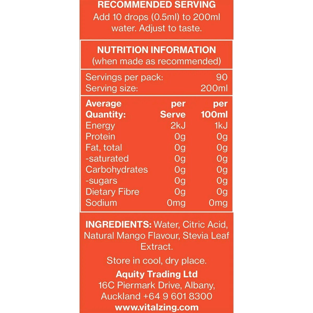 Nutrition facts and ingredients list for Mango Water Drops - 45ml by Vitalzing, with serving and storage details.