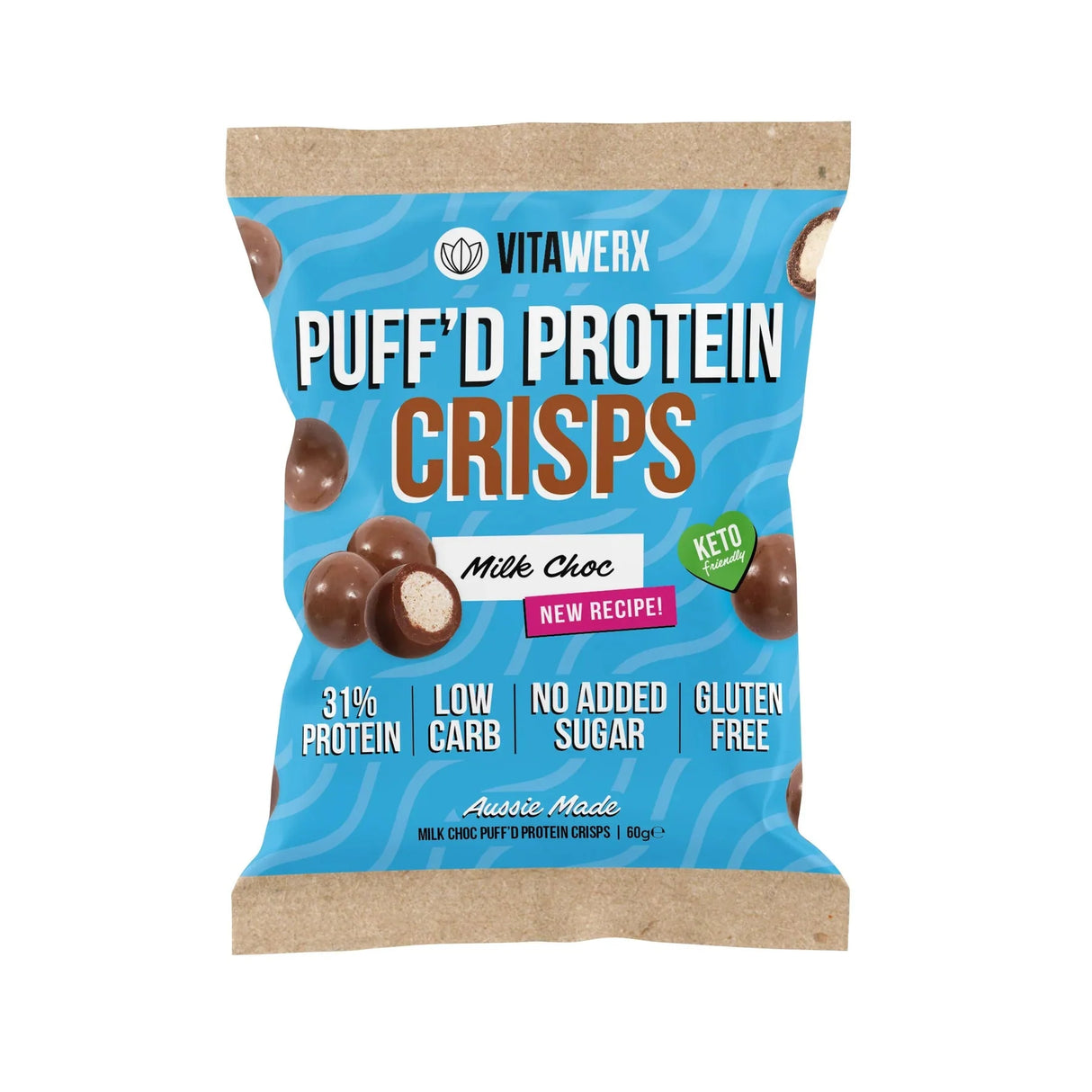 Milk Choc Puff'd Protein Crisps - 60g by Vitawerx in blue packaging highlighting low carb, keto, gluten free, and no added sugar.