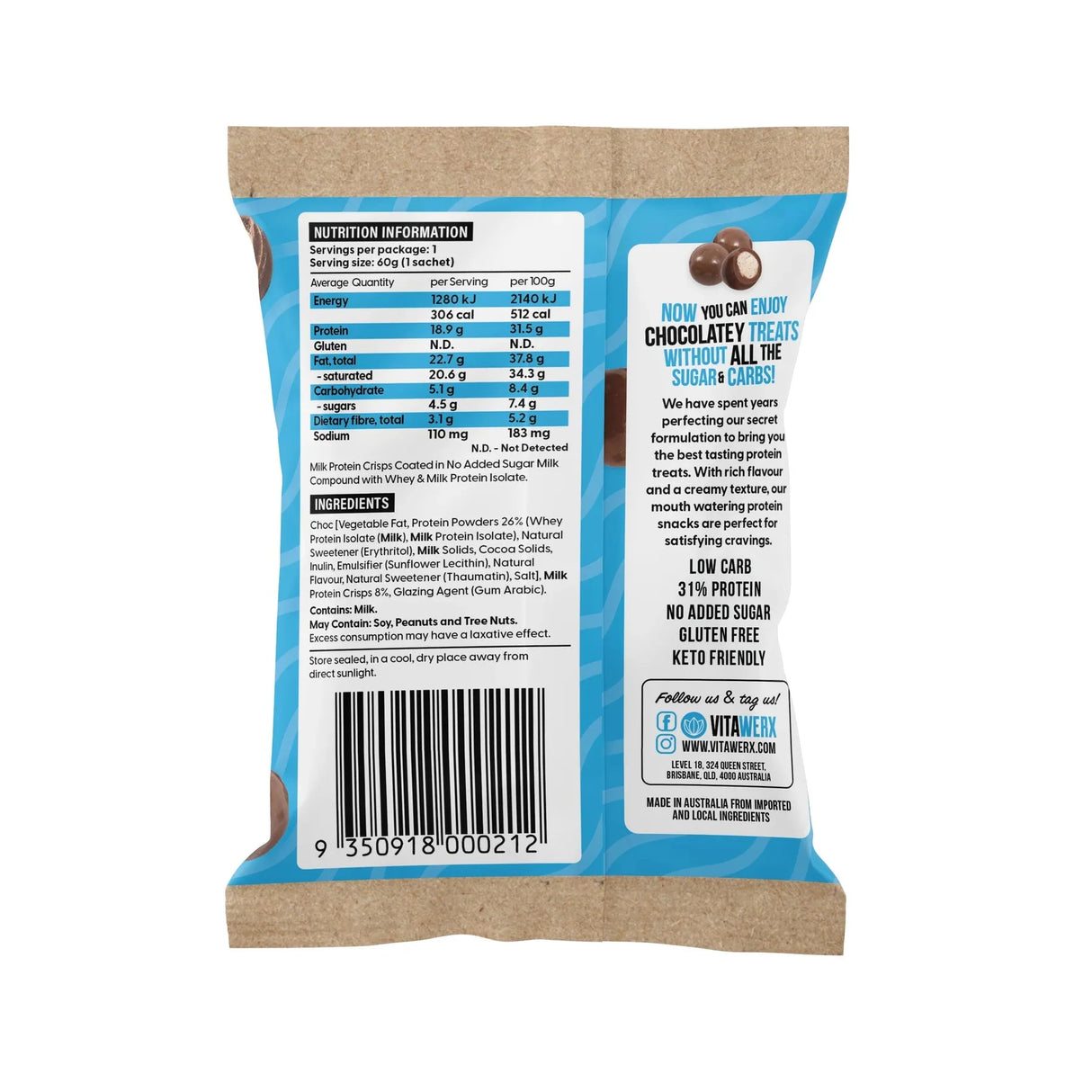 Back of Vitawerx Milk Choc Puff'd Protein Crisps - 60g packaging showing nutrition facts, ingredients, and product benefits.