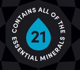 Black circular badge with blue water drop and text stating it contains 21 essential minerals for Mineral Rich Electrolyte Water - Concentrate - 500ml