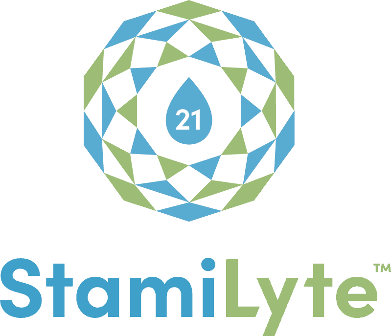 Stamilyte logo with a blue drop displaying number 21, featuring geometric blue and green shapes for Mineral Rich Electrolyte Water - Concentrate - 500ml