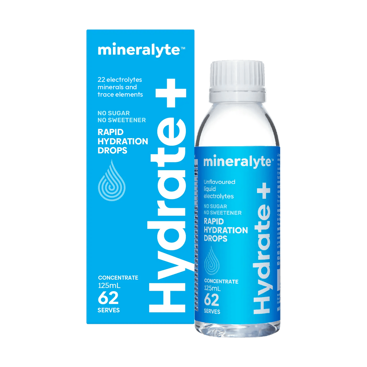 Mineralyte Hydrate+ unflavoured electrolyte drops, 125 mL box and dropper bottle