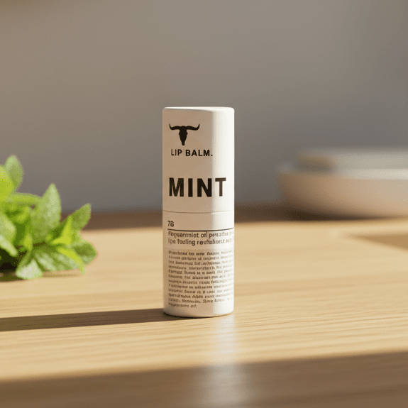 Mint Lip Balm - 7g by Bare Bones Beauty displayed on wooden surface with fresh mint leaves nearby.