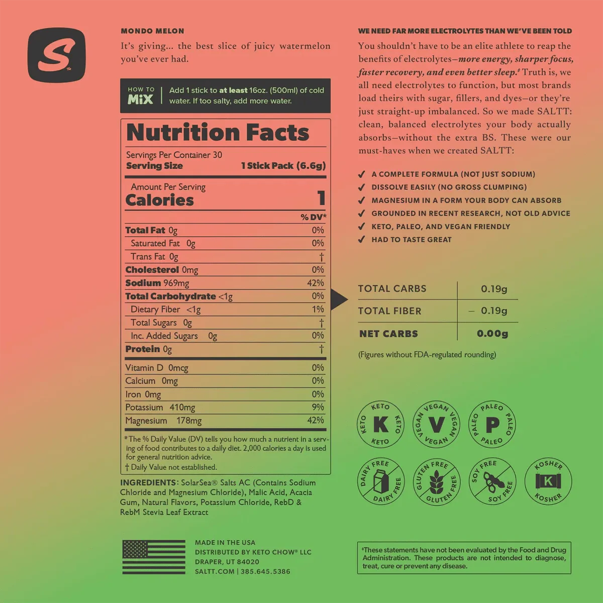 Mondo Melon Electrolyte Drink Mix - 30 Sticks by SALTT from Drinks, Electrolytes, New Arrivals, Low Carb, Functional collections