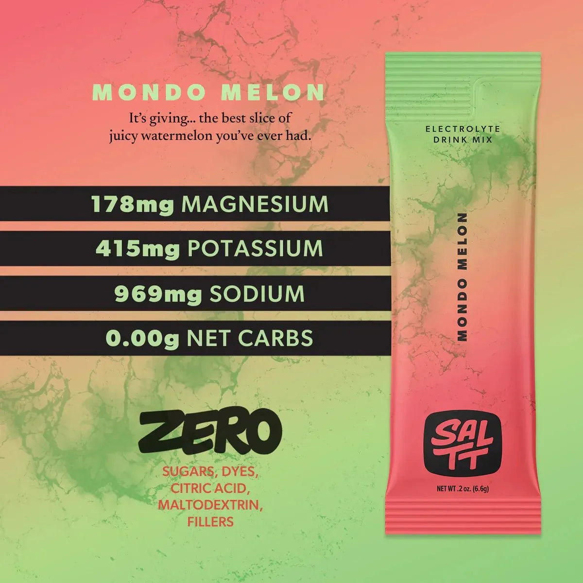 Mondo Melon Electrolyte Drink Mix - 30 Sticks by SALTT featuring magnesium, potassium, sodium, zero net carbs, for functional hydration