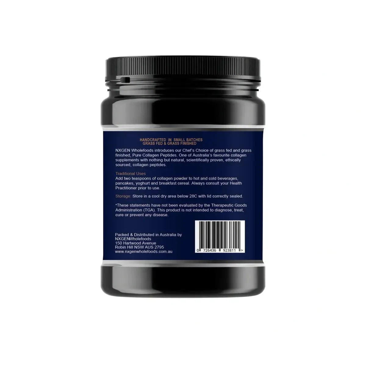 Back label of Multi Collagen Powder - 1kg by NXGEN Wholefoods showing product details, usage, and storage instructions.