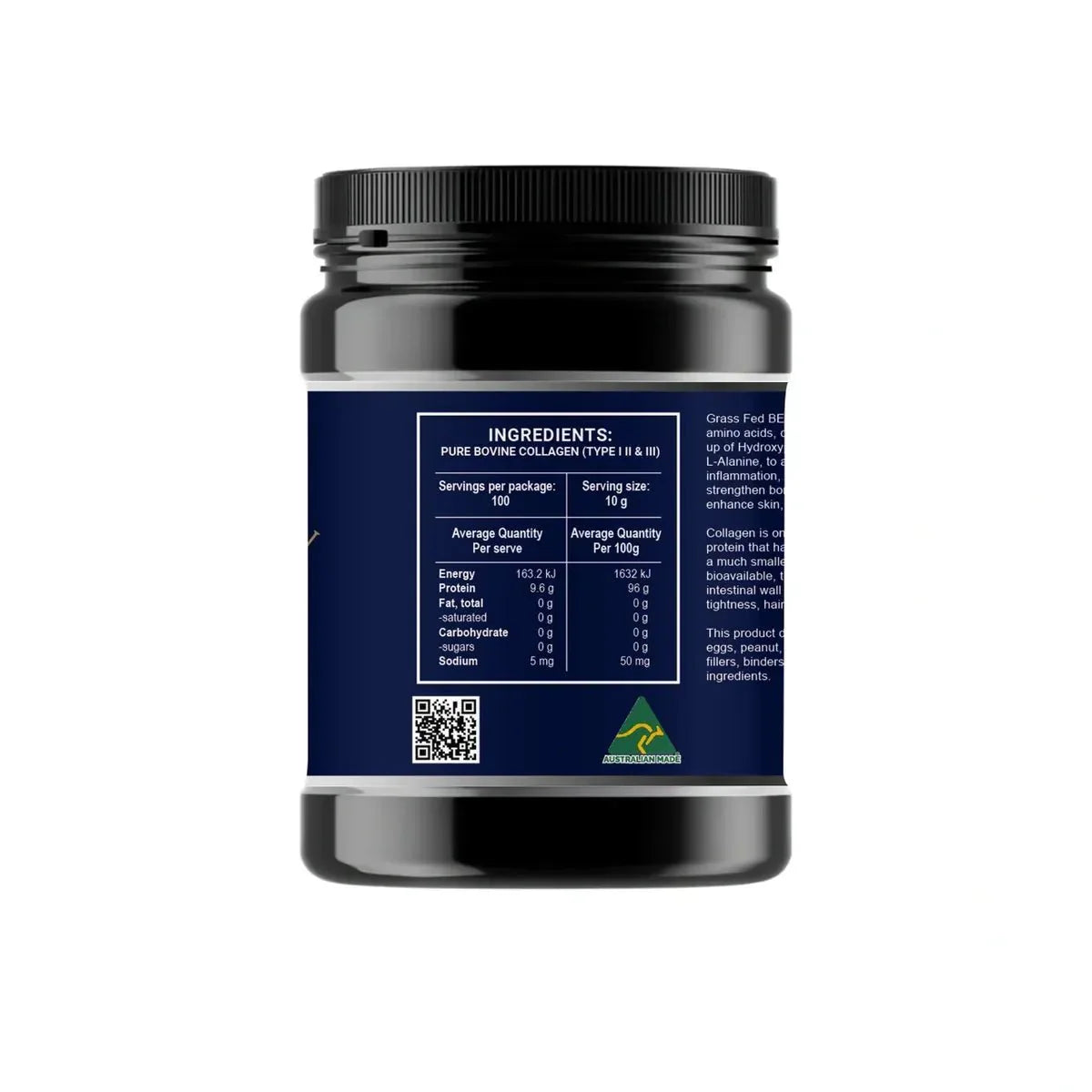 Back label of Multi Collagen Powder - 1kg by NXGEN Wholefoods showing ingredients, nutrition, and Australian origin symbol