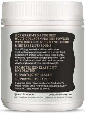 Container of Multi-collagen Protein Peptides - Adaptogen Nootropic Blend - 210g by Best Of The Bone with supplement details visible
