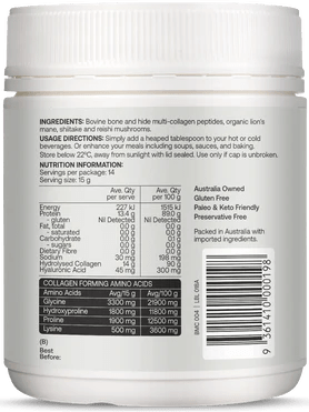 Back label of Multi-collagen Protein Peptides - Adaptogen Nootropic Blend - 210g by Best Of The Bone showing ingredients, usage, and nutrition facts.