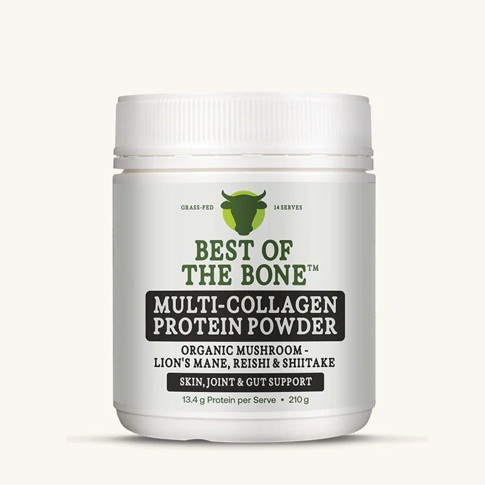 Container of Multi-collagen Protein Peptides - Adaptogen Nootropic Blend - 210g by Best Of The Bone with health support details visible