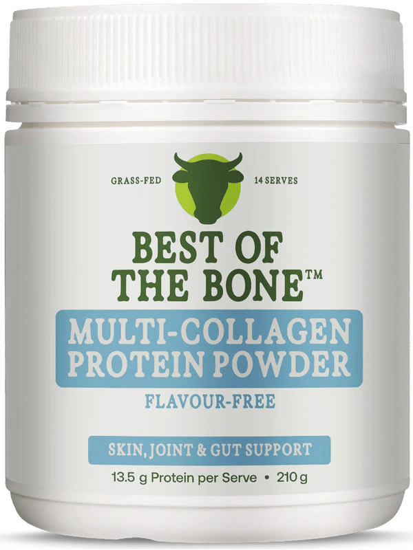 Multi-collagen Protein Peptides Powder - 210g by Best Of The Bone in white container with green and blue label details