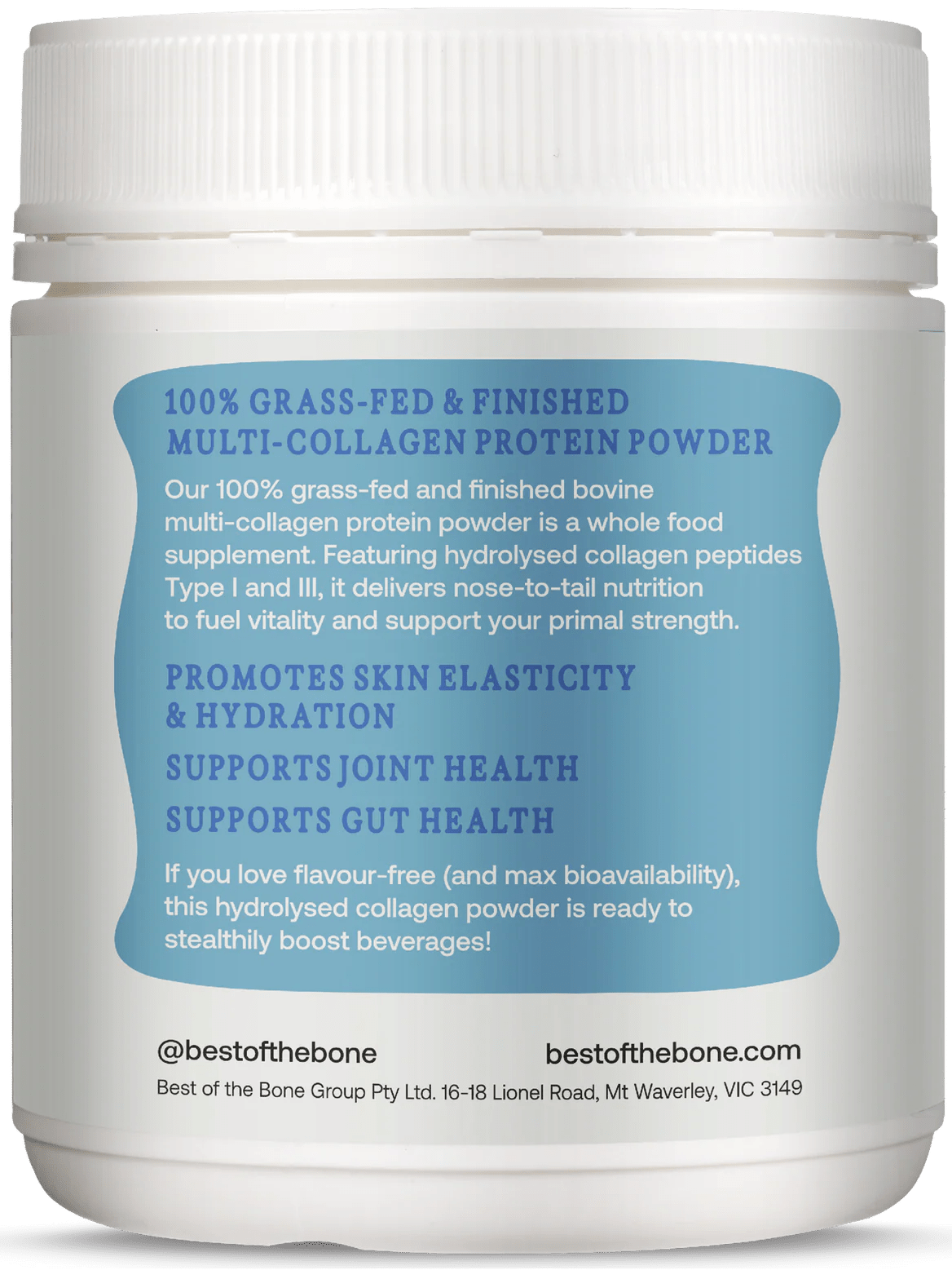 Container label of Multi-collagen Protein Peptides Powder - 210g by Best Of The Bone showing benefits for skin, joint, and gut health.