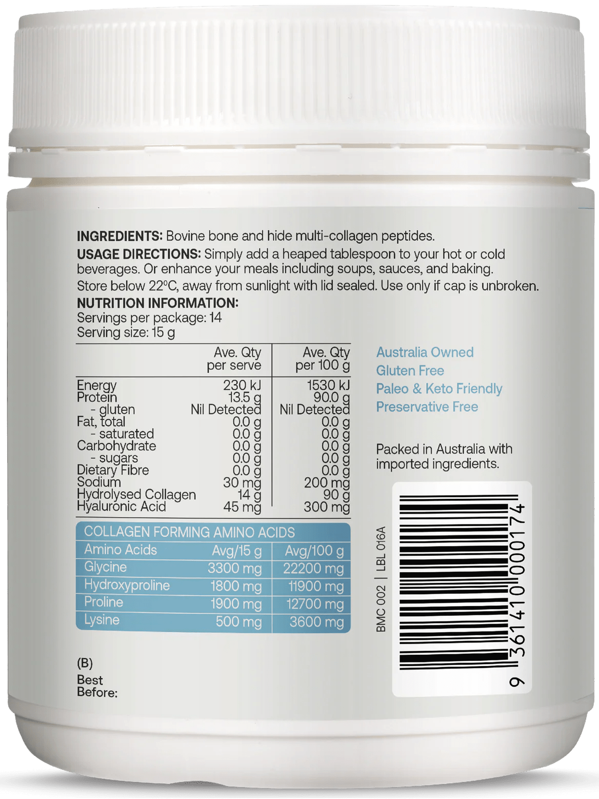 Nutrition facts label and ingredients on Multi-collagen Protein Peptides Powder - 210g by Best Of The Bone with usage directions.
