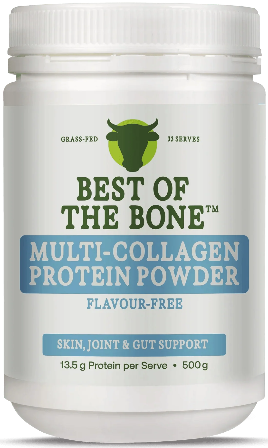 White container of Multi-collagen Protein Peptides Powder - 500g by Best Of The Bone promoting skin, joint, and gut support