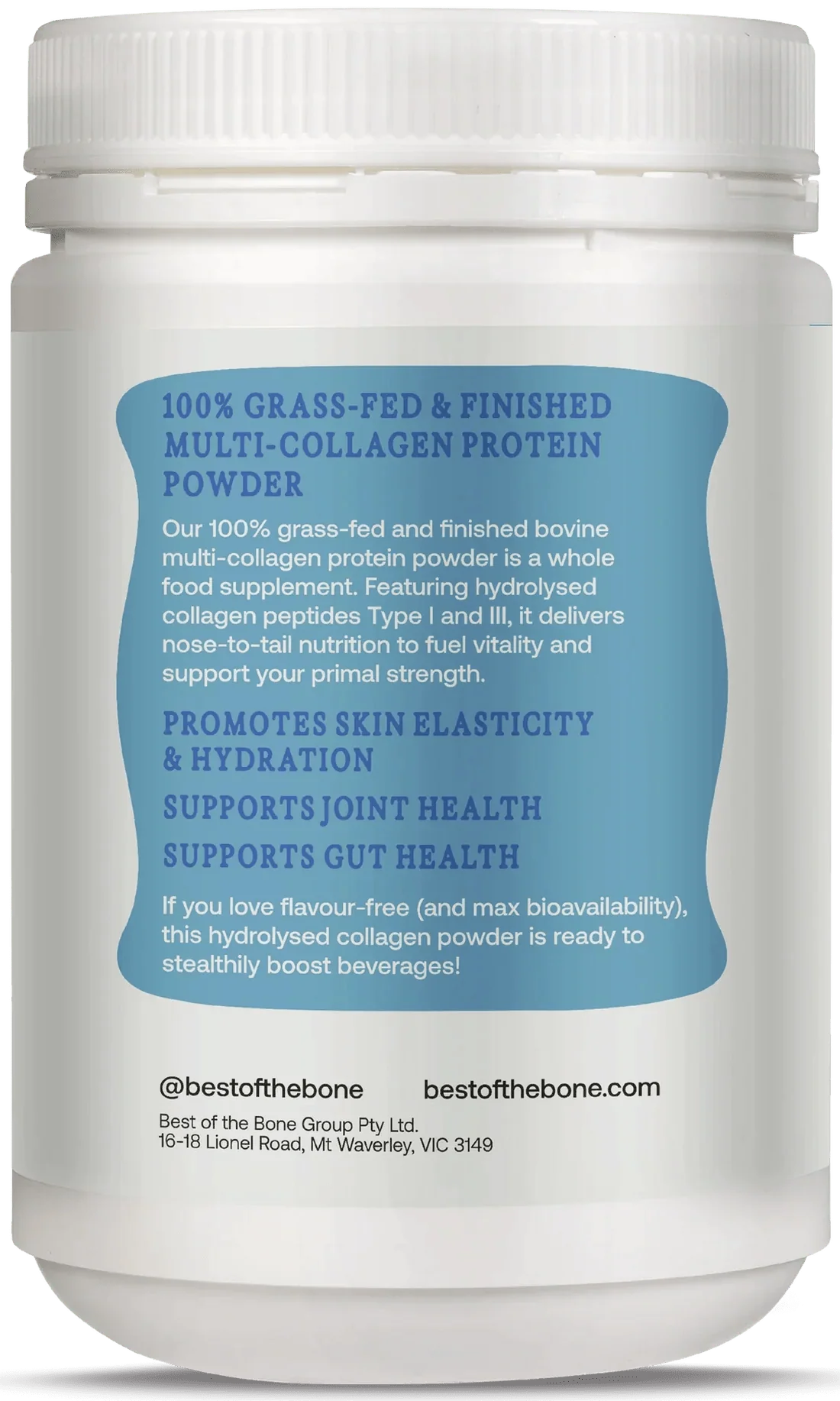 Back label of Multi-collagen Protein Peptides Powder - 500g highlighting benefits for skin, joints, and gut by Best Of The Bone.