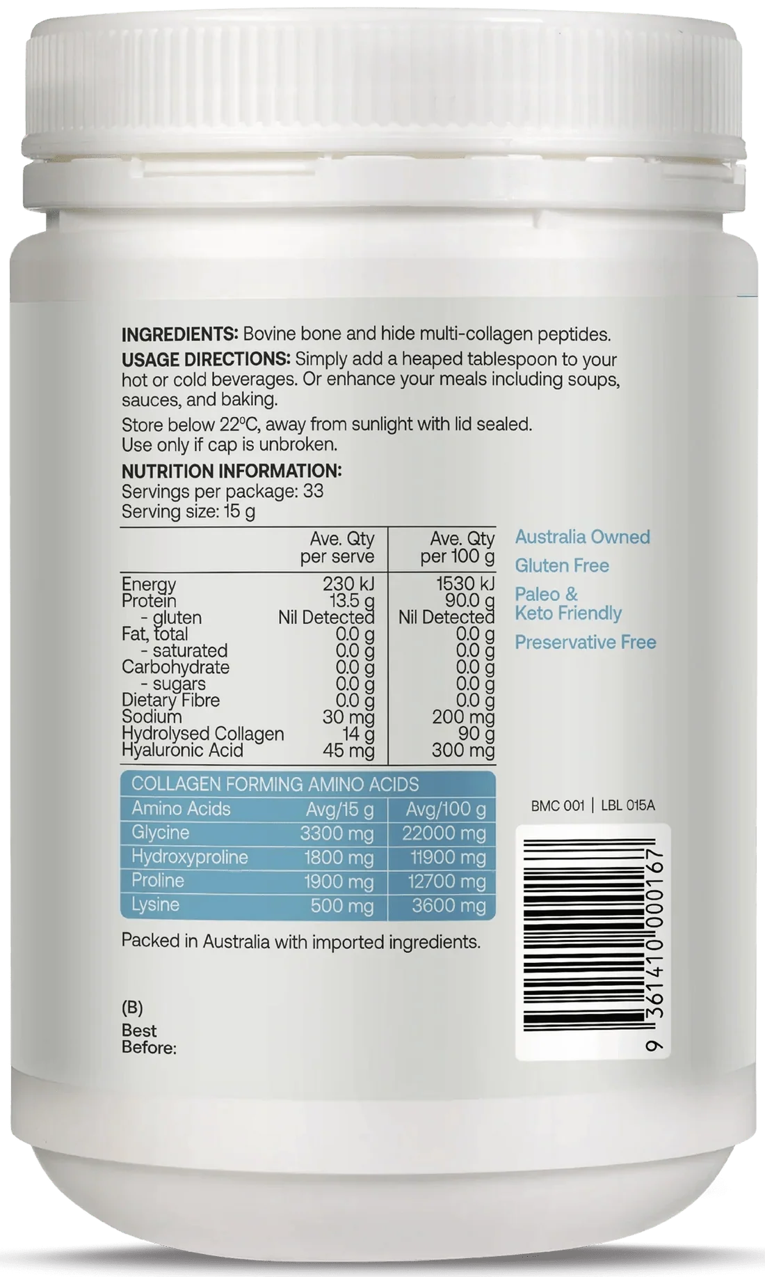 Back label of Multi-collagen Protein Peptides Powder - 500g showing ingredients, usage, nutrition, and amino acids by Best Of The Bone