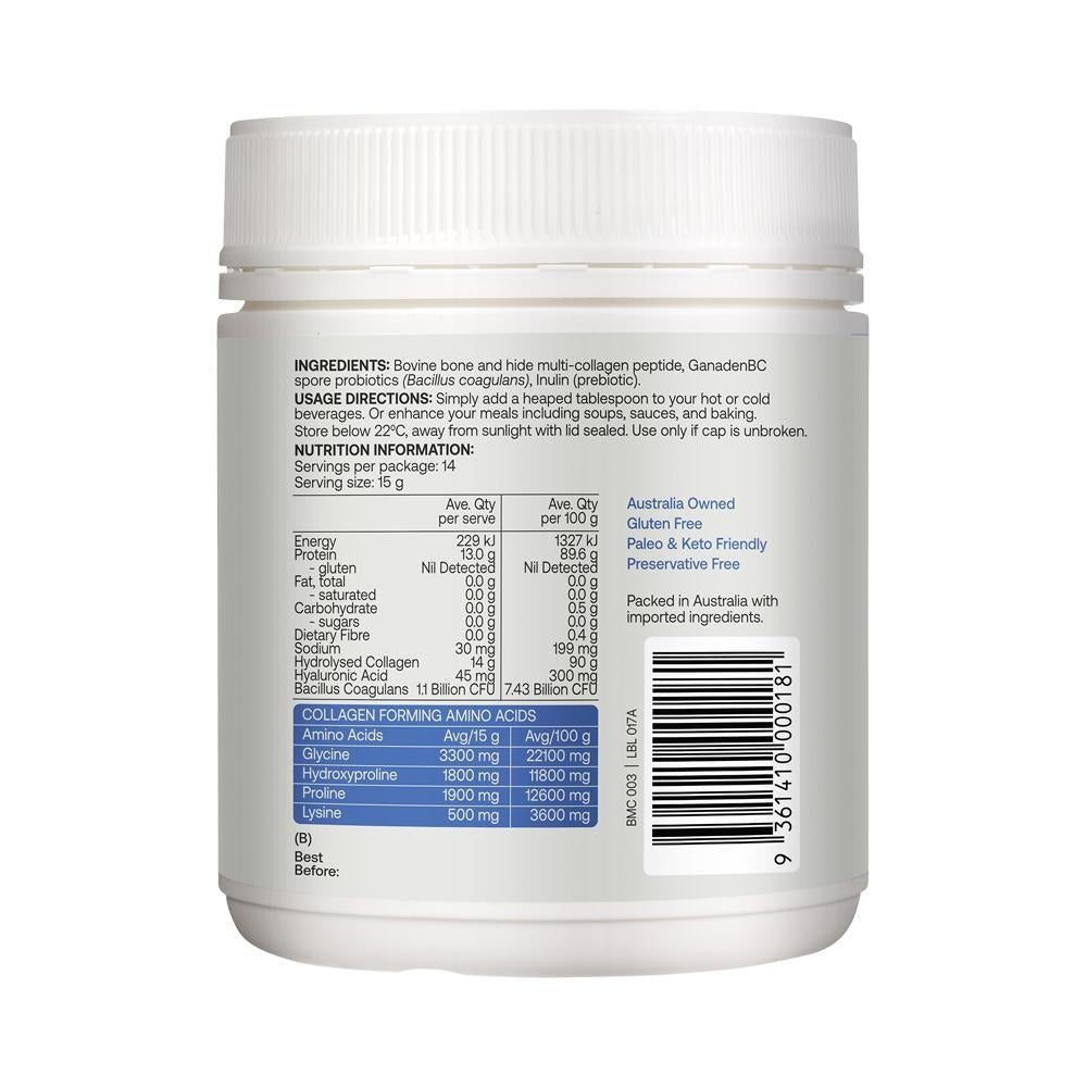 Container back label of Multi-collagen Protein Peptides - Probiotic Spores - 210g by Best Of The Bone, showing ingredients and nutritional details.