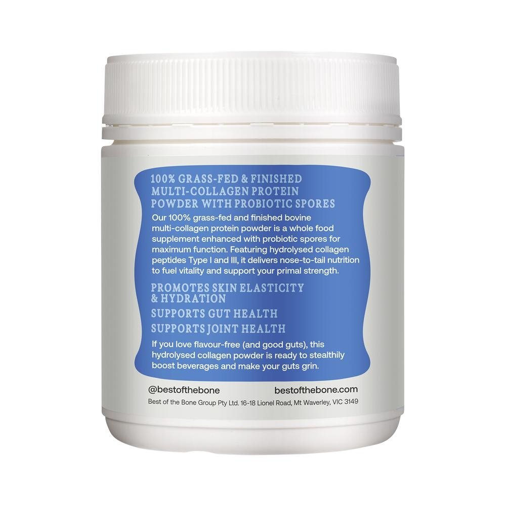 Multi-collagen Protein Peptides - Probiotic Spores - 210g by Best Of The Bone in white container showing product benefits text.