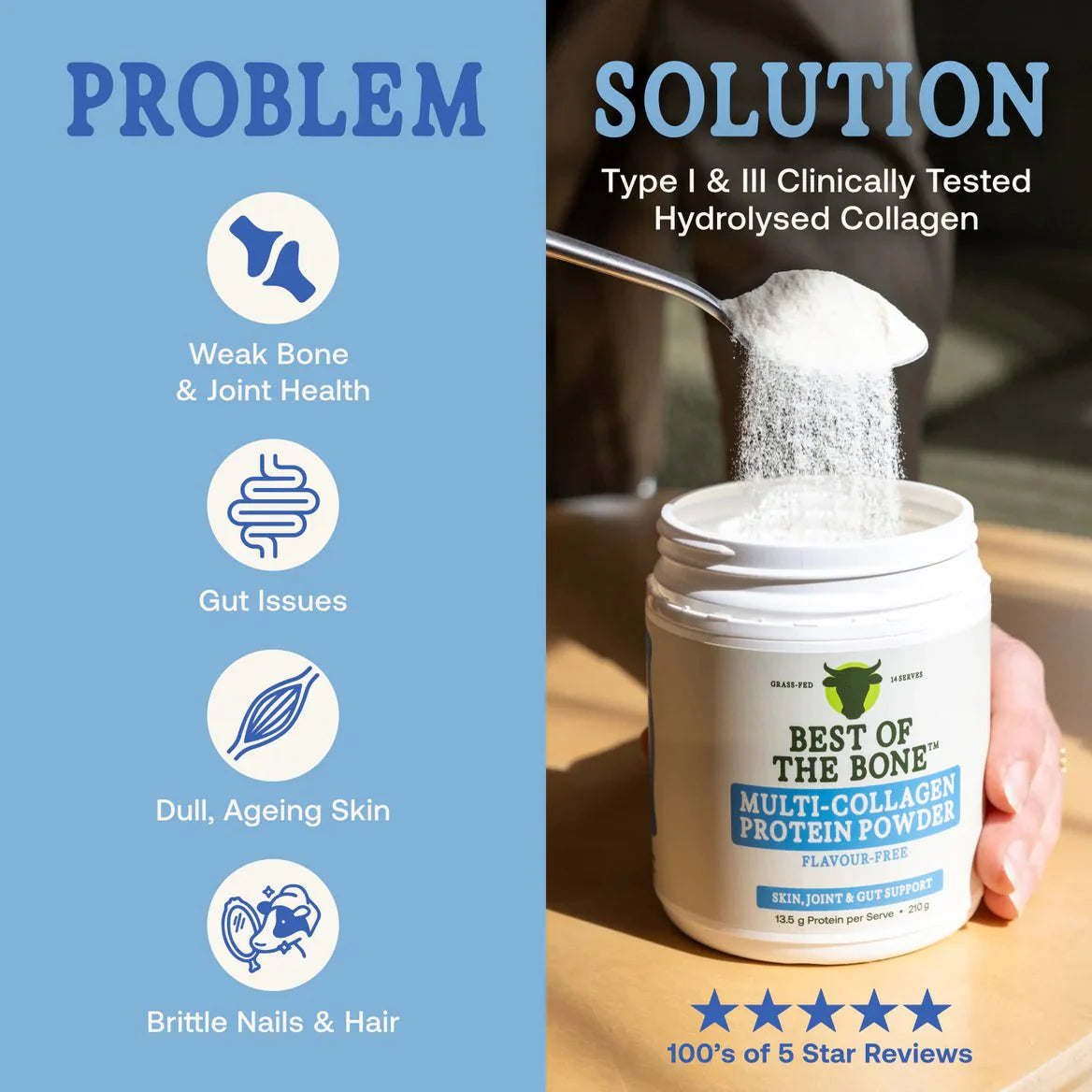 Multi-collagen Protein Peptides - Probiotic Spores - 210g by Best Of The Bone with benefits for bone, gut, skin, nails, and hair.