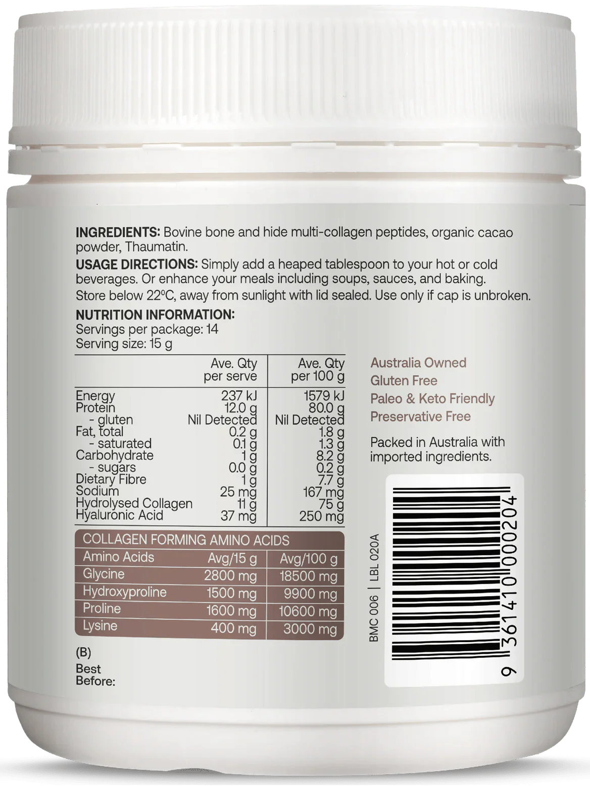 Multi - Collagen Protein Peptides - Raw Organic Cacao - 210g - Yo Keto