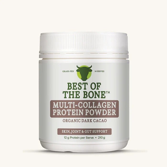 Multi-Collagen Protein Peptides - Raw Organic Cacao - 210g by Best Of The Bone in white container for collagen support