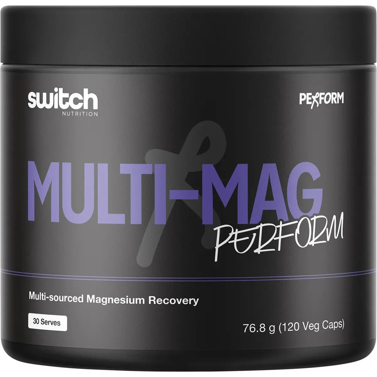 Black jar of Multi-Mag Perform - Multi-Sourced Magnesium Recovery - 120 capsules by Switch Nutrition, New Arrivals collection