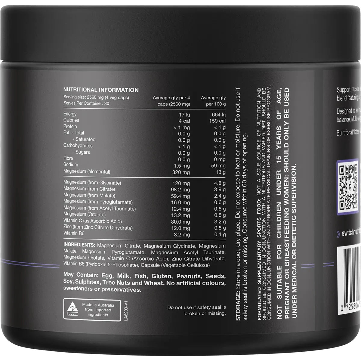 Back label of Multi-Mag Perform - Multi-Sourced Magnesium Recovery - 120 capsules by Switch Nutrition showing nutrition facts and ingredient details.