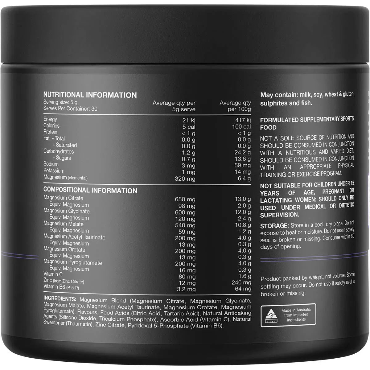 Multi-Mag Perform - Recovery - Mango Passionfruit - 150g by Switch Nutrition with nutritional and ingredient details on label