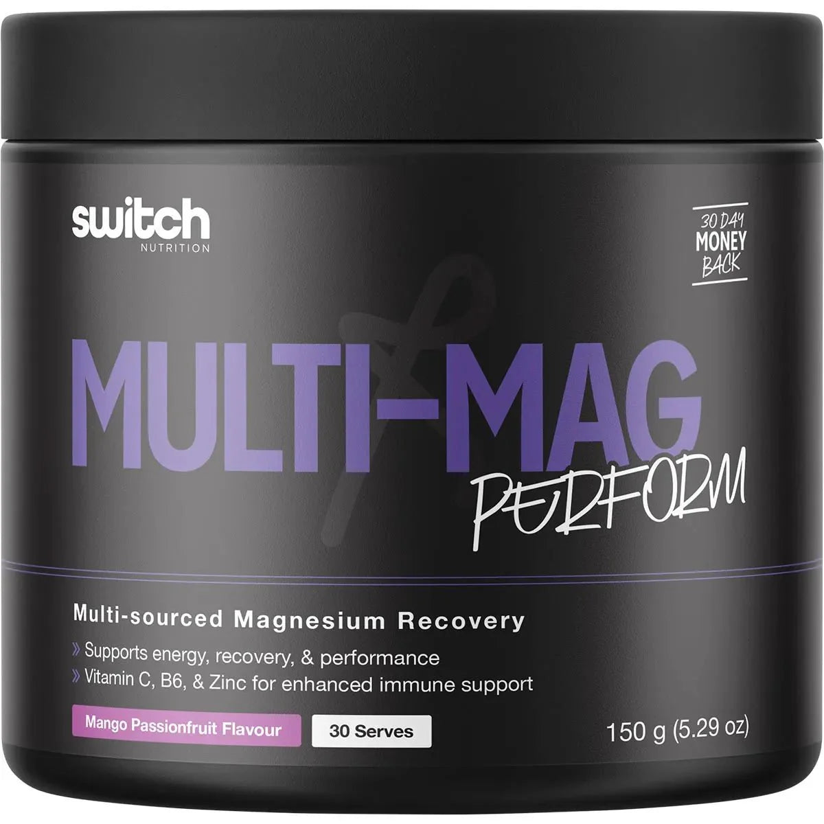 Multi-Mag Perform - Recovery - Mango Passionfruit - 150g by Switch Nutrition in black container with purple and white text