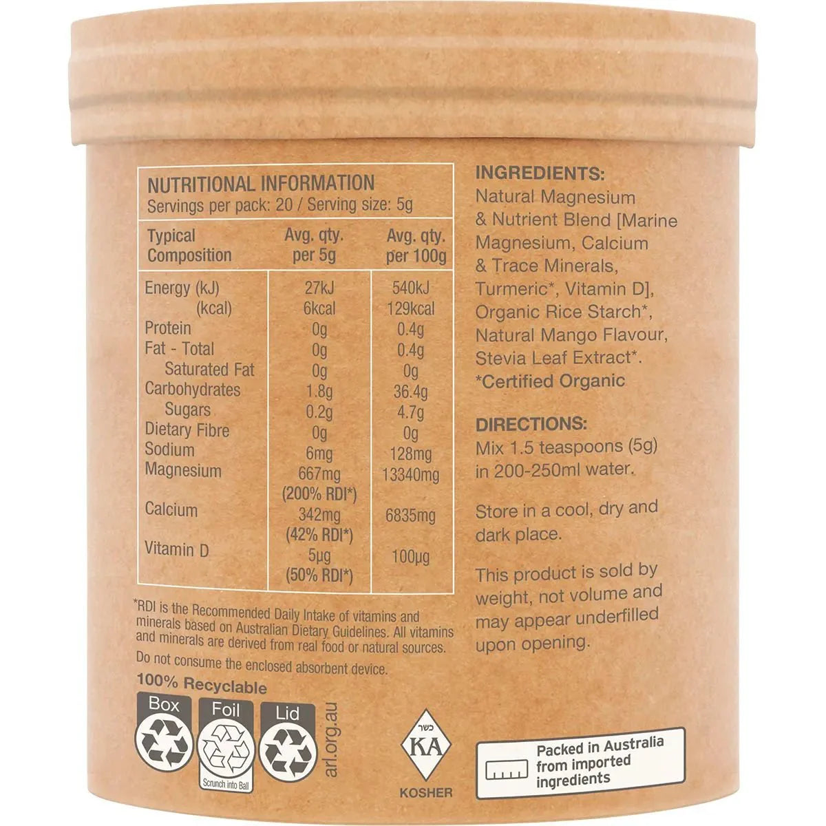 Muscle Magnesium - Creamy Mango - 100g by RAW in eco-friendly packaging with ingredients and nutritional details shown.