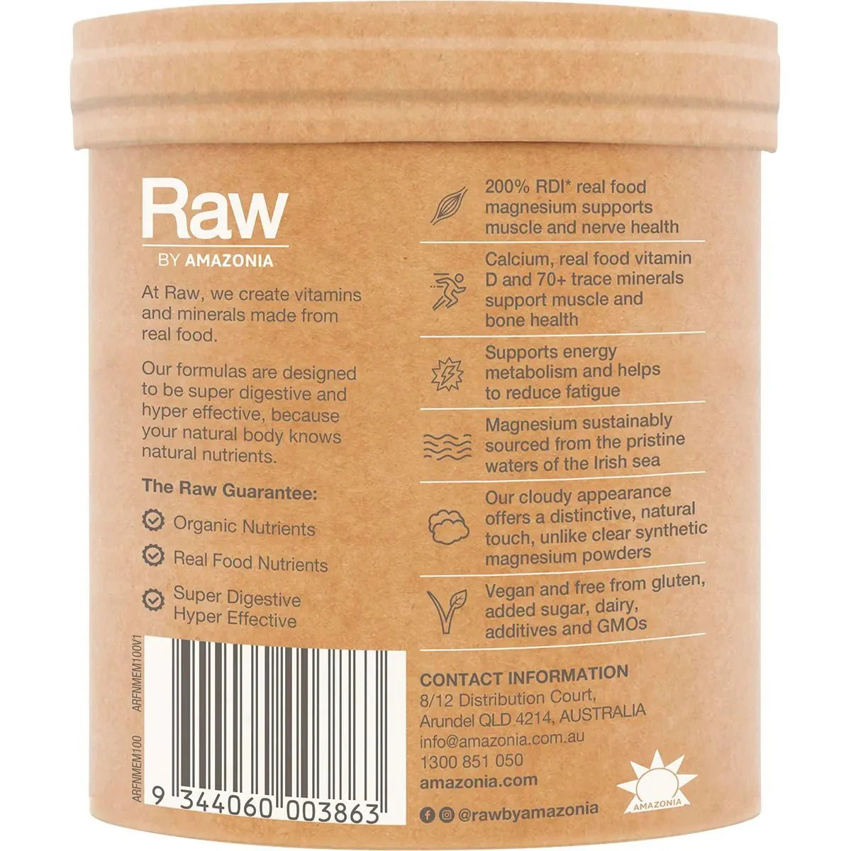 Muscle Magnesium - Creamy Mango - 100g by RAW in eco-friendly packaging with detailed natural nutrient information.