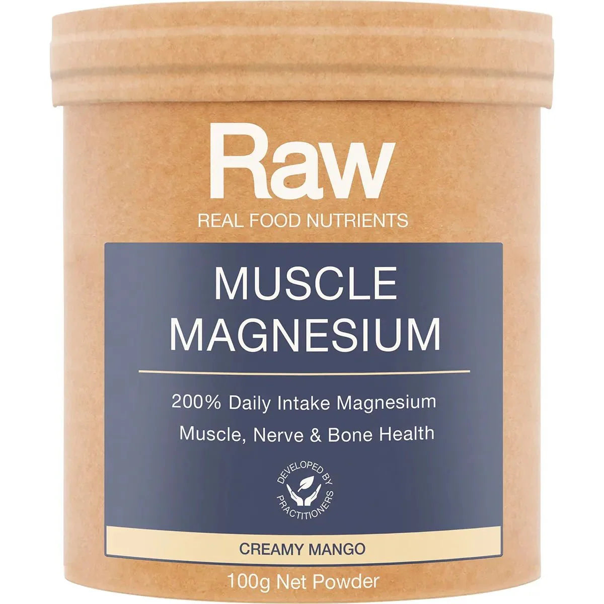 Muscle Magnesium - Creamy Mango - 100g by RAW in natural brown container for muscle, nerve, and bone health support