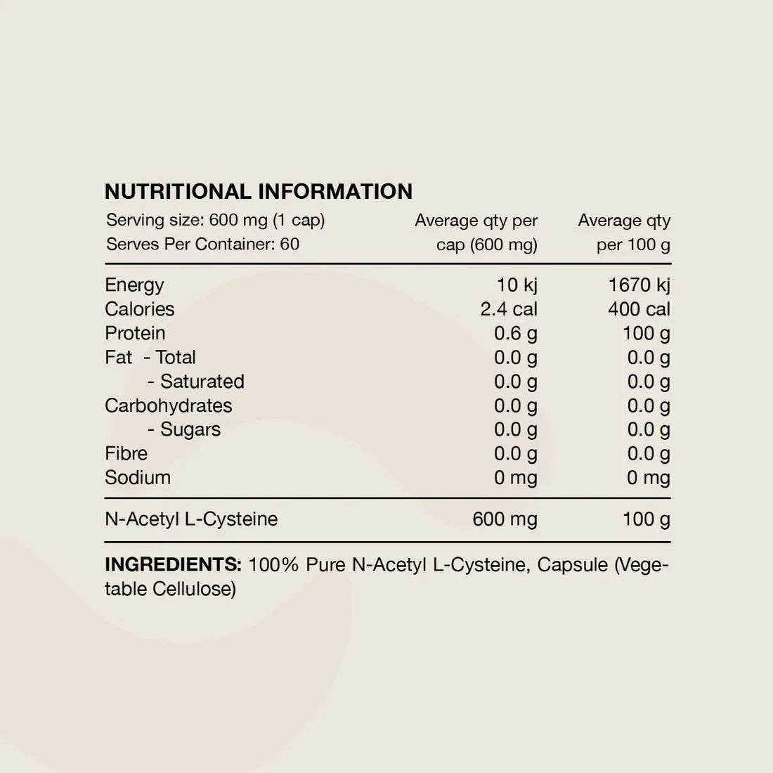 Nutritional facts label for NAC - 100% N-Acetyl L-Cystine - 60 Caps showing serving size and ingredients.
