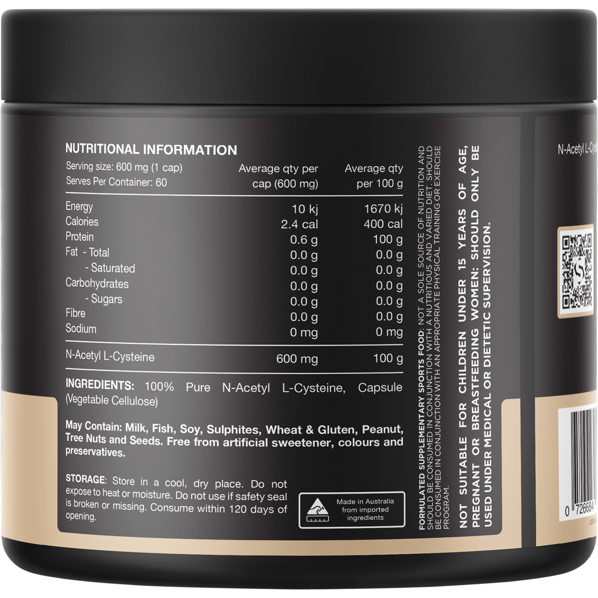 Supplement facts and ingredient details for NAC - 100% N-Acetyl L-Cystine - 60 Caps by Switch Nutrition in a black container