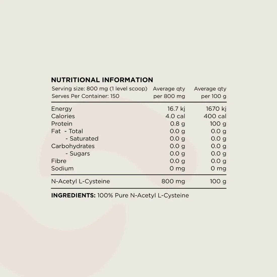 Nutrition facts label for NAC - 100% N-Acetyl L-Cystine - 60 Caps by Switch Nutrition showing serving size and ingredient details.