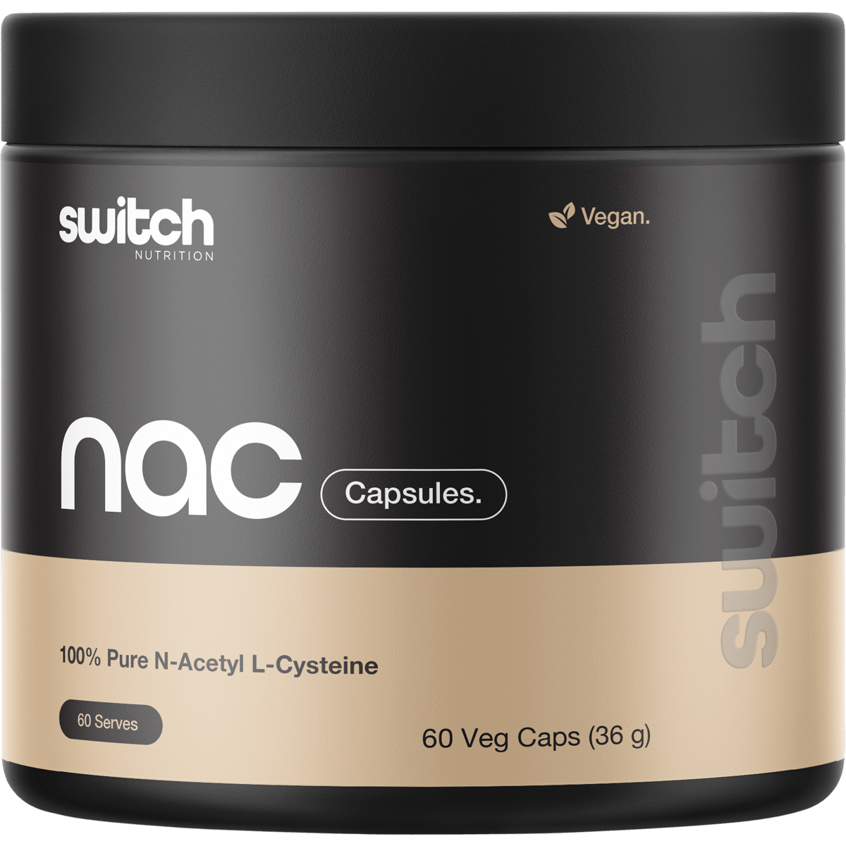 NAC - 100% N-Acetyl L-Cystine - 60 Caps by Switch Nutrition in black and beige container for Low Carb and New Arrivals collections