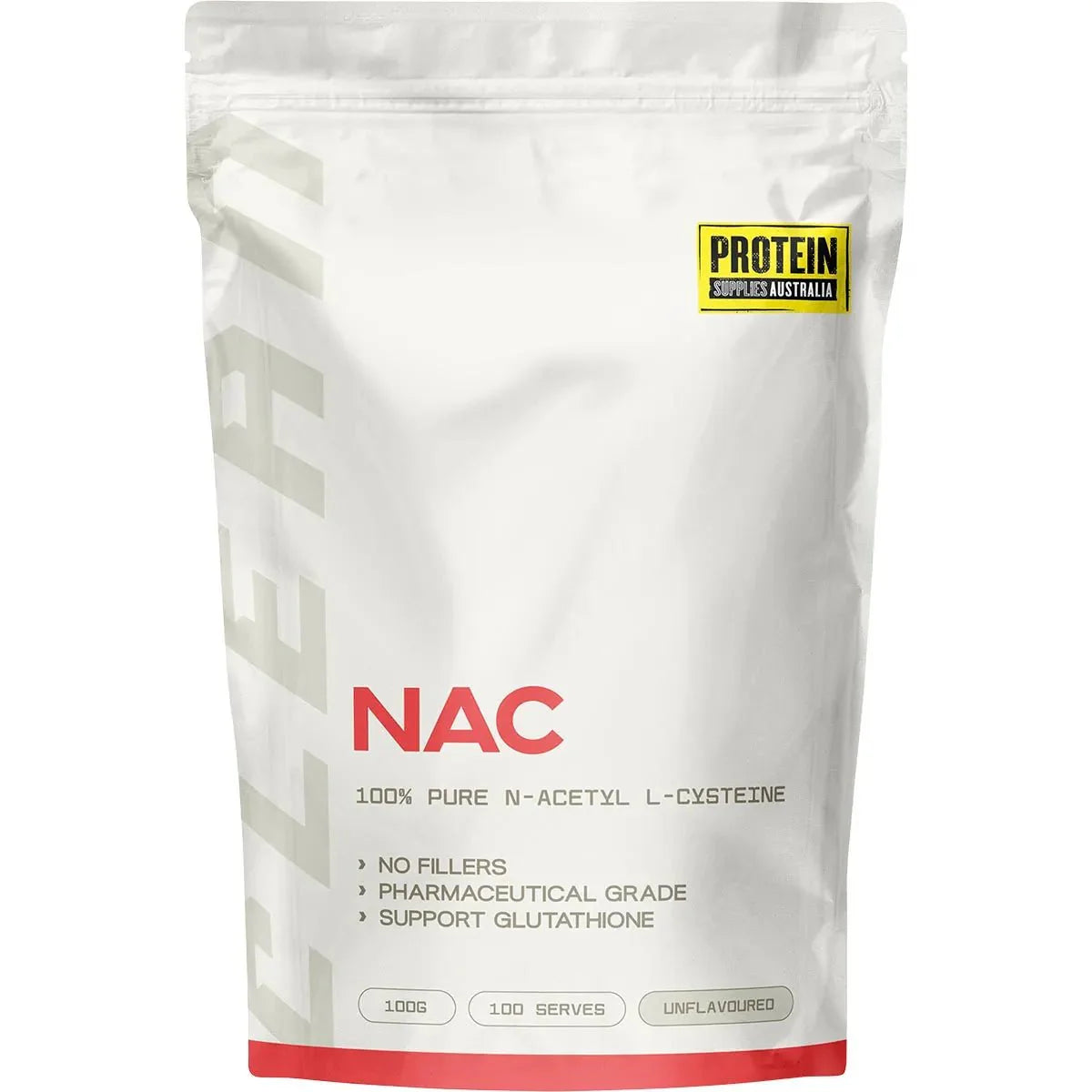 NAC - 100% Pure N-Acetyl L-Cysteine - 100g by Protein Supplies Australia in white resealable bag packaging