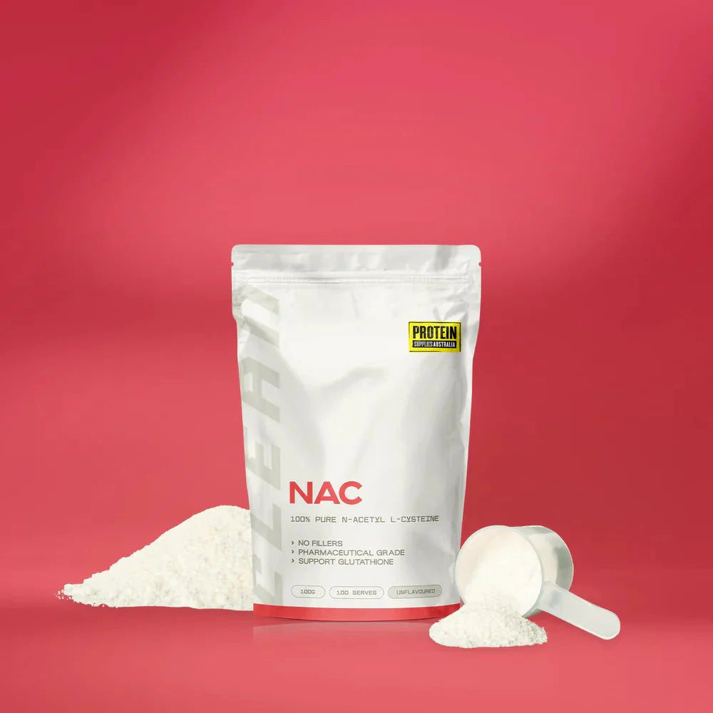 NAC - 100% Pure N-Acetyl L-Cysteine - 100g by Protein Supplies Australia with powder pile and scoop on red background