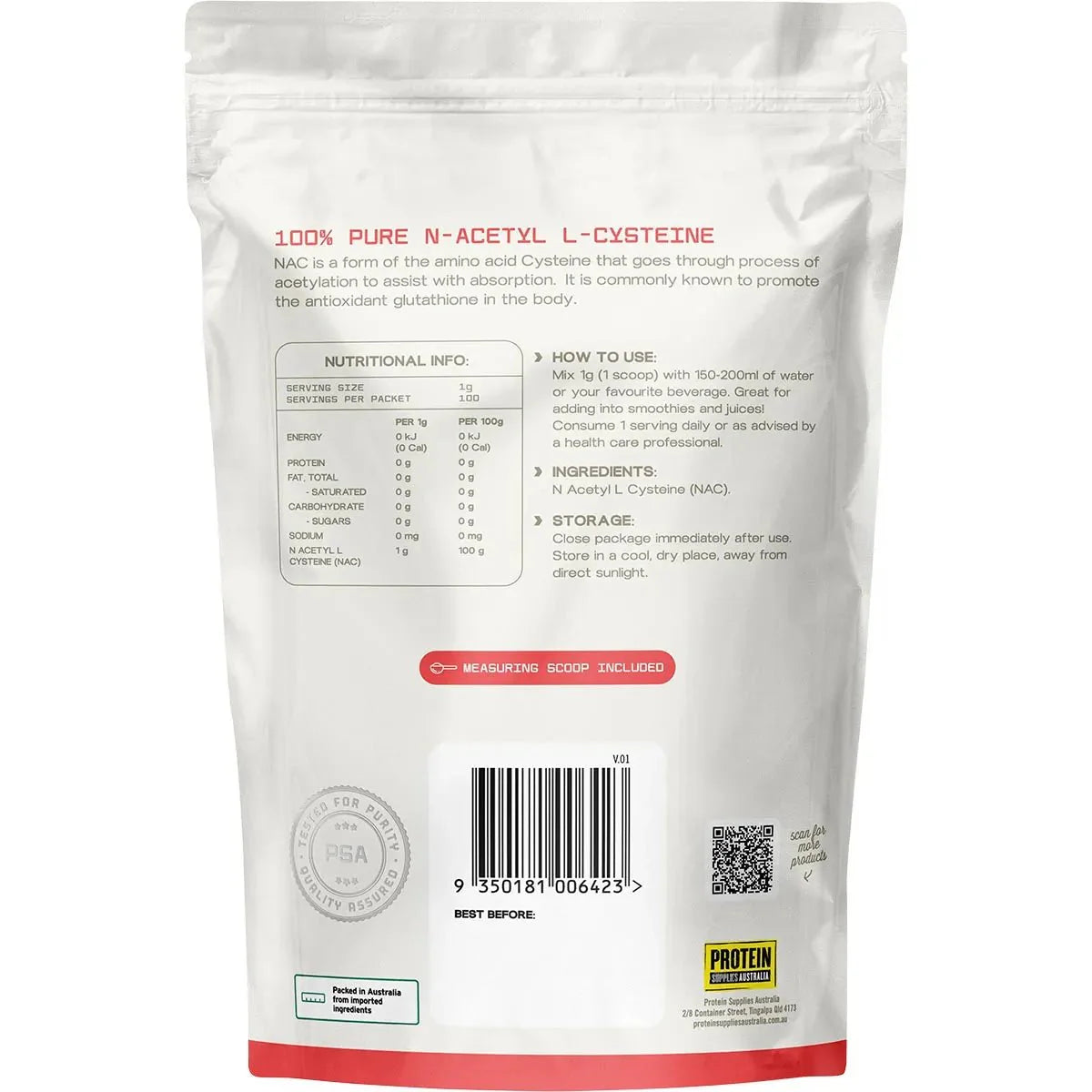 Back view of NAC - 100% Pure N-Acetyl L-Cysteine - 100g by Protein Supplies Australia with nutrition and usage details visible