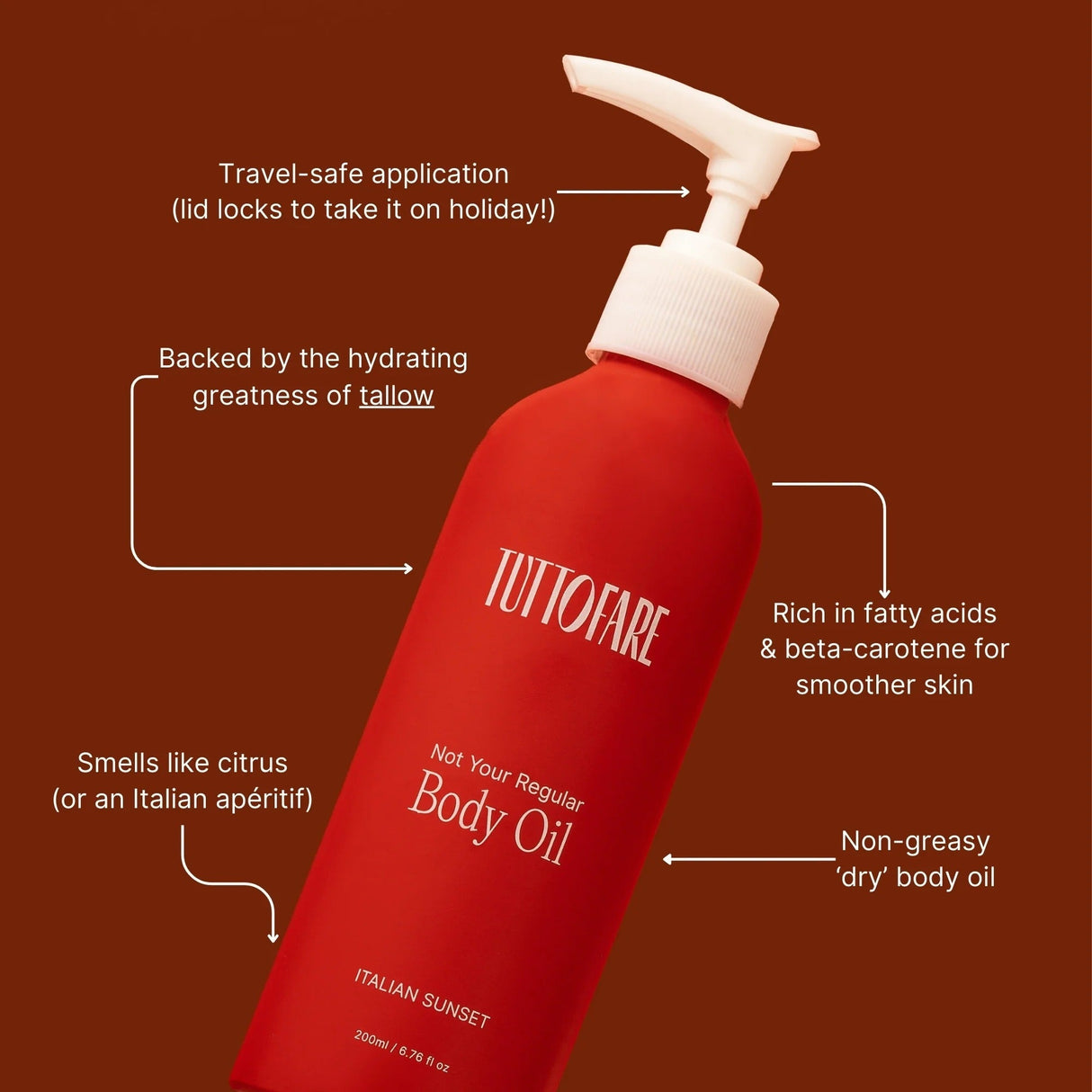 Bright red bottle of Not Your Regular Body Oil - 200ml by Tuttofare with travel-safe pump and skincare benefits labelled.