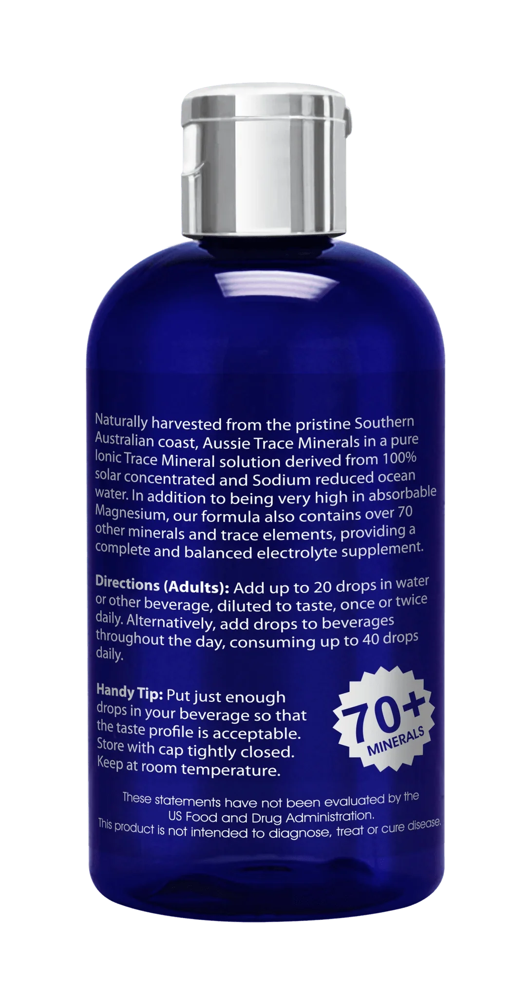 Blue bottle with silver cap containing Ocean Sourced Electrolyte Drops - 240ml by Aussie Trace Minerals with usage directions.
