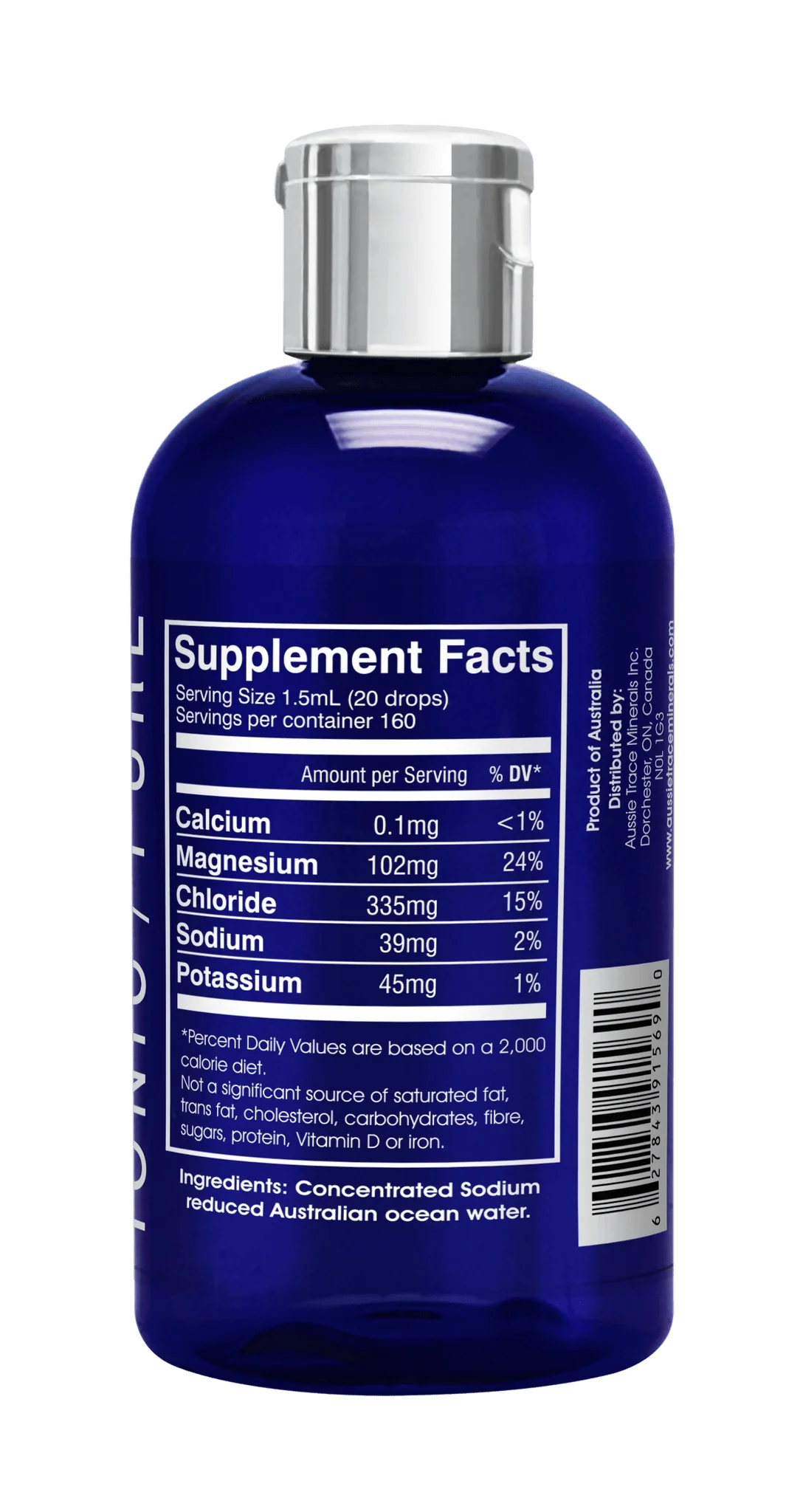 Ocean Sourced Electrolyte Drops - 240ml supplement facts label showing mineral content including magnesium and chloride from Aussie Trace Minerals.