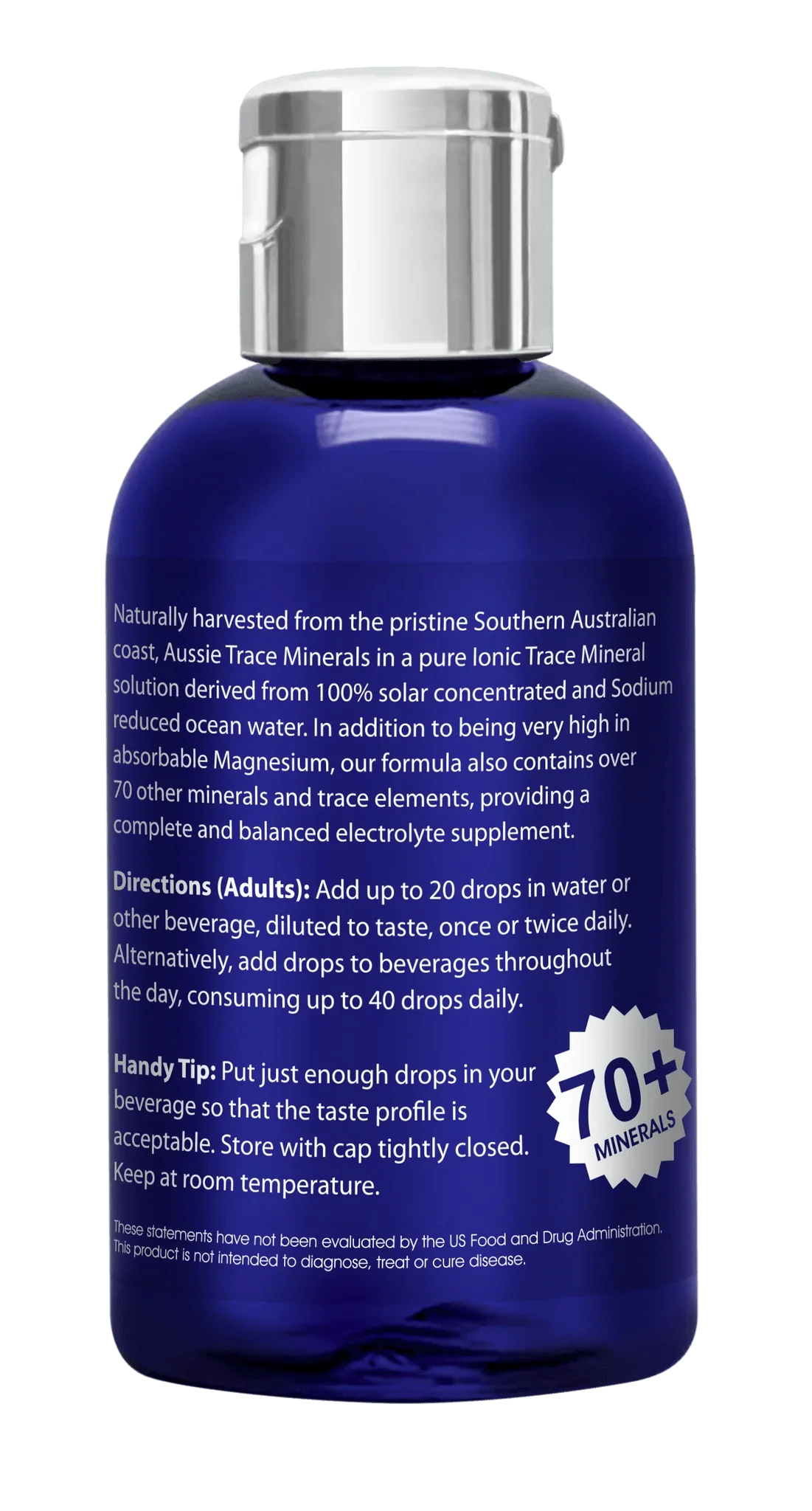 Blue bottle of Ocean Sourced Electrolyte Drops - 60ml by Aussie Trace Minerals with product information text and silver cap.