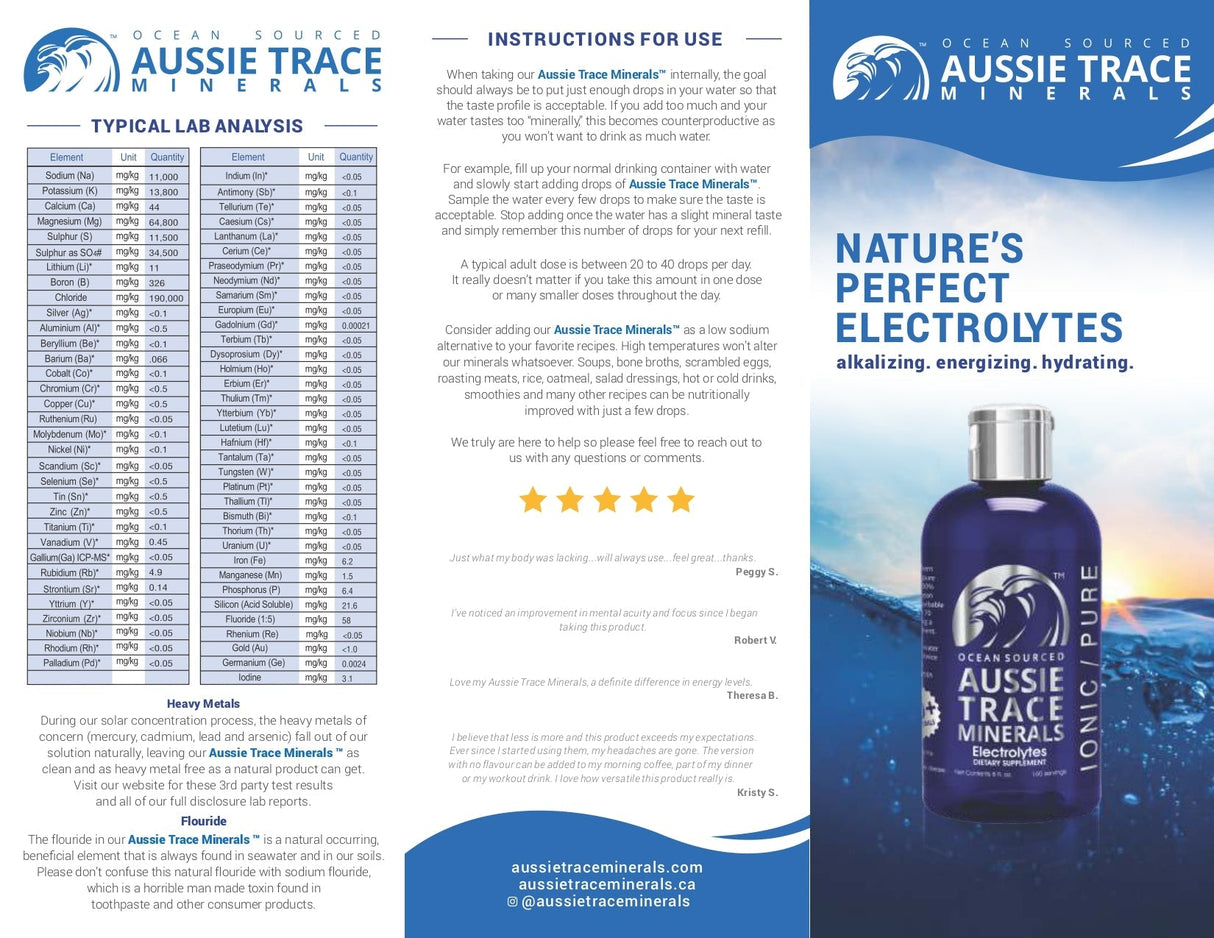 Ocean Sourced Electrolyte Drops - 60ml bottle with Aussie Trace Minerals logo and product info against ocean background